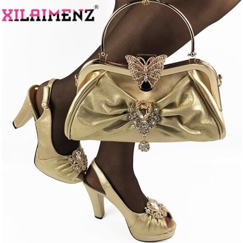 2020 Golden Color Mature Style African Women Shoes And Bag To Match Set High Heels Party Shoes And Bag Set For Wedding Dress