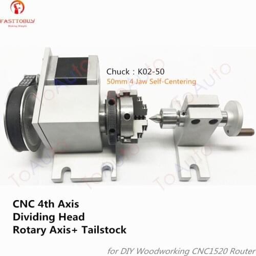 CNC 4th Axis Dividing Head Rotary Axis+Tailstock Nema 17 Motor+K02-50 50mm 4 Jaw Self-Centering Lathe Chuck for Woodworking