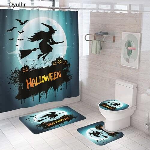 Bathroom Accessories Pumpkin Witch Print Polyester Waterproof Shower Curtain Toilet Seat Mat Floor Mat Halloween Bathroom Kit