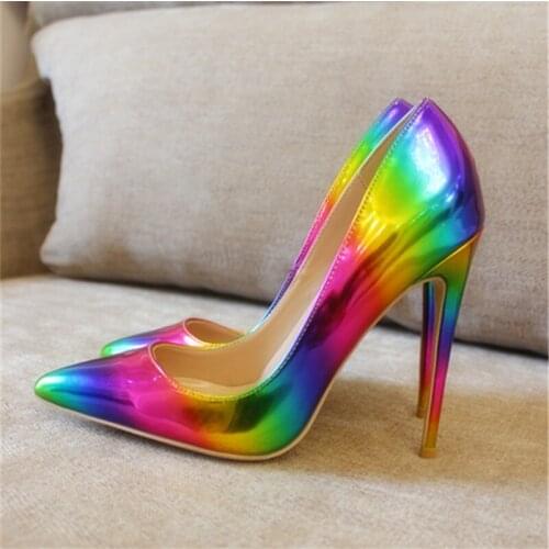 Free shipping fashion women Pumps lady rainbow patent leather studded spikes Pointy toe high heels shoes size33-43 12cm 10cm 8cm