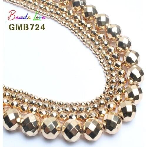 Natural Stone Bead Faceted Golds Plated Color Hematite Round Beads For Jewelry Making 2/3/4/6/8/10mm Handmade Diy Bracelet 15