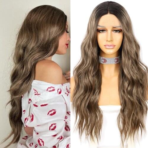 Krismile Long Curly Synthetic Wigs T Part Lace Ombre Brown Color Middle Part High Temperature Party Cosplay Daily for Women