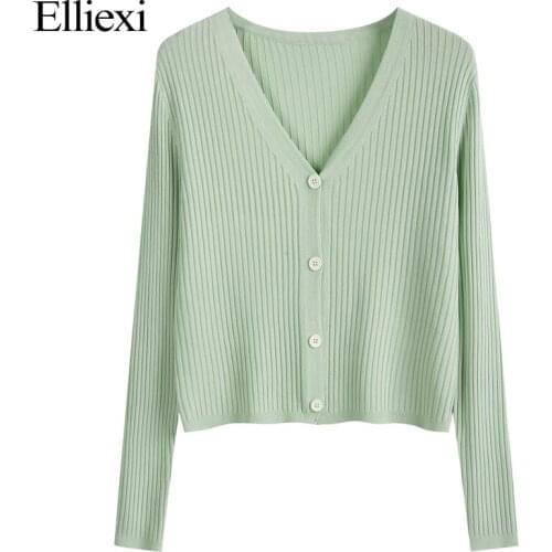 Elliexi V-Neck Long Sleeve Knit Cardigan Tops Casual solid knitted Autumn Cardigans womens Fit female Fashion Women Clothing