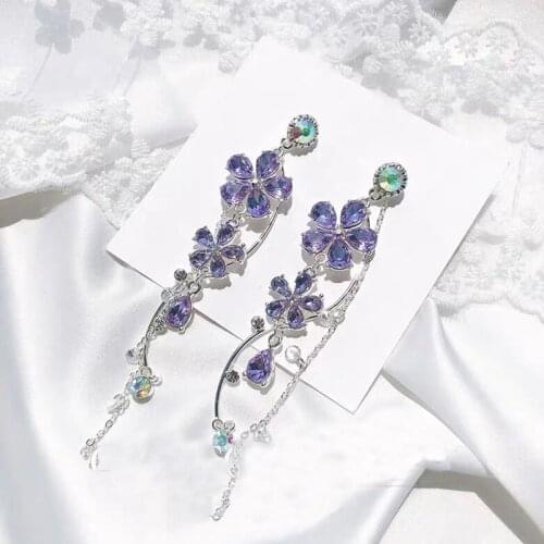 Korean New Fashion Elegant Purple Crystal Big Small Flower Dangle Earrings For Female Daily Accessories