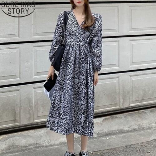 Midi Long Dresses Vintage Dress Leopard Print Women Dress Korean Long Sleeve V-neck High Waist Loose Vestidos Robe Dresses 13331