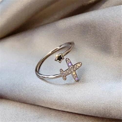 Fashion Silver Color Crystal Star Airplane Open Ring Female Finger Ring Accessories Trendy Womens Party Jewelry