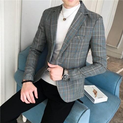 British Style Plaid Men Blazers Fashion Slim Long Sleeve Business Casual Suit Jacket Office Social Wedding Dress Coat Homme Tops