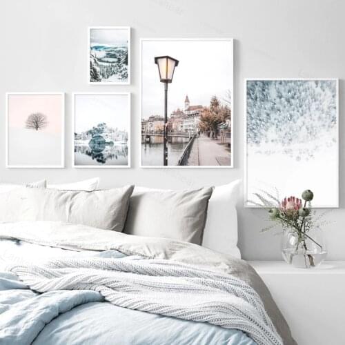 Wall Art Canvas Painting Winter Snow Forest Lake Road Landscape Nordic Posters and Prints Wall Pictures for Living Room Decor