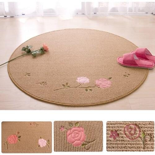 Anti-Slip Flower Linen Round Carpets Computer Chair Door Mat Bath Floor Rug Living Room Foot Pads Carpet Mat Kids Play Rug