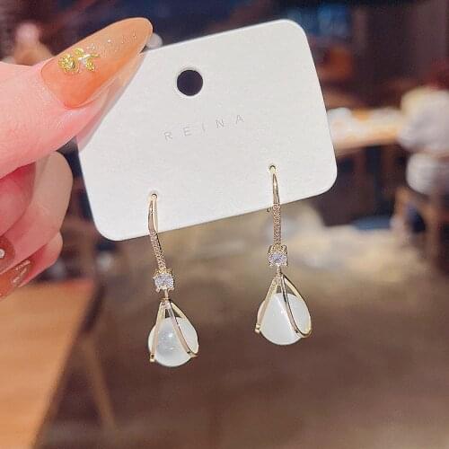 2021 New Trendy Geometric Opal Long Dangle Earrings for Women Ear Hook Jewelry Female Fashion Delicate Zircon Drop Earrings Gift