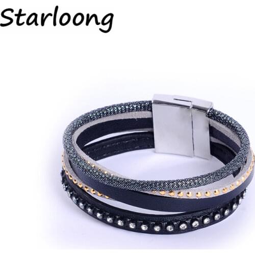 New fashion black multi-layer PU leather bracelet with rhinestone beads magnetic clasp women wrap Masculina bijoux Bracelet