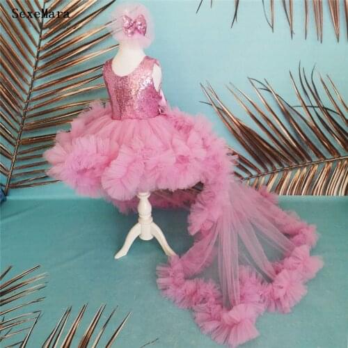 Glitter Sequined Top Baby Girls Dresses O Neck Princess Wedding Party Gown Flower Girl Dress with Detachable Train Photography