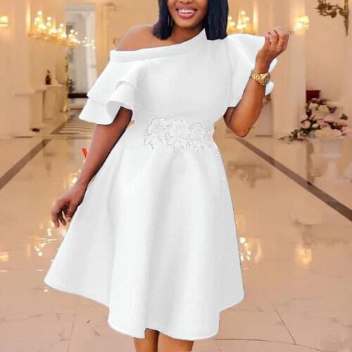 Summer white dress african women simple design tunic high waist ruffle short sleeve robe office lady OL elegant a line dresses