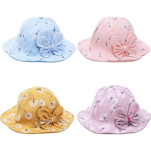 Lovely Flower Print Lotus Edge Soft Brim Girl Princess Cap Baby Beach Bucket Cap Baby Sunscreen Sunshade Fishermans Hat