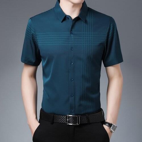 Ice Silk Shirt Men Summer New Short Sleeve Cotton Mens Dress Shirts Casual Button Slim Fit Chemise Homme Camisa Masculina XXXL