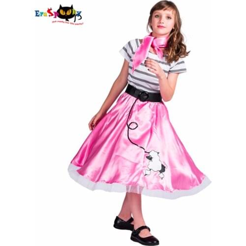 80s Retro Striped Shirt Satin Dress Girls Lovely Dog Printed Poodle Skirt Halloween Costume Kids Carnival Party Outfit Scarf