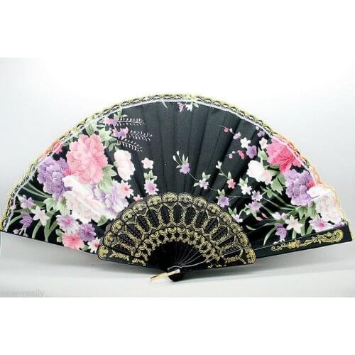 Hand Held Bamboo Black Flower Folding Fan Wedding Party Decor