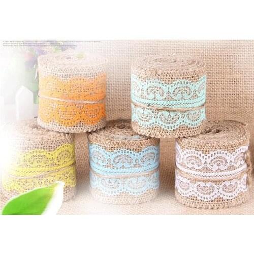 W x L)6cm x 2M/Roll 16pcs/Lot Rustic Wedding Gift Decors Natural Hessian Burlap Ribbon with White Lace Jute Roll