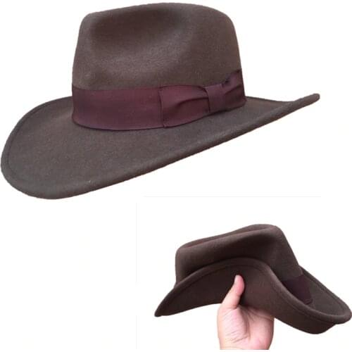 Wool Felt Brown Fur Crushable Cowboy Fedora Hats Indiana Jones Outback Hat -Strong Package