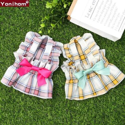 Plaid Bows Dog Wedding Suit Summer Girl Boy Pet Dress For Little Small Chihuahua Pomeranian Cat Clothes Pet Apparel Outfit Doggy