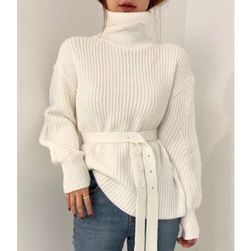 Vintage Women Turtleneck Pullover Knit Sweater Plus Sashes Autumn Korean Beige Red Blue Puff Sleeve Ladies Casual Knitwear Tops