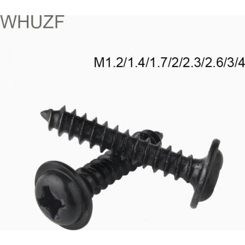 WHUZF 100-1000PCS Free Shipping M1.2 M1.4 M1.7 M2 M2.3 M2.6 M3 M4 Round Head Carbon Steel Screws Self-tapping Screw Black Padded