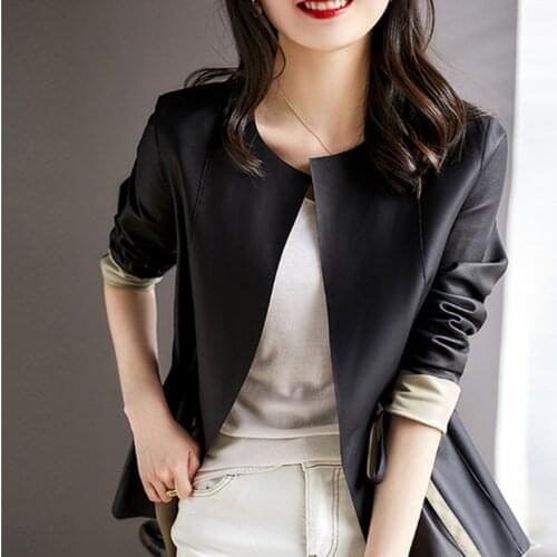 Leather Blazers Women Casual Style Sheepskin Thin And Soft Long Sleeves Waist Solid Ladies Office Work Clothing New Fashion