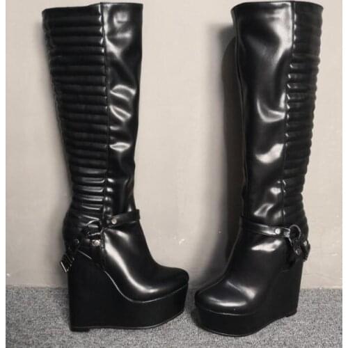 Moraima Snc Fashion Round Toe Platform Wedge Boots Black Leather Knee High Woman Shoes Chains Decorations boots