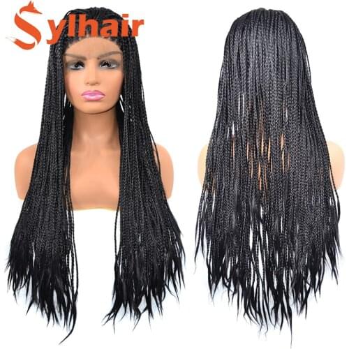 Sylhair Black Color Hair Braided Box Braids Wigs High Temperature Fiber Hair Synthetic Lace Front Wig For Women Lace Wigs