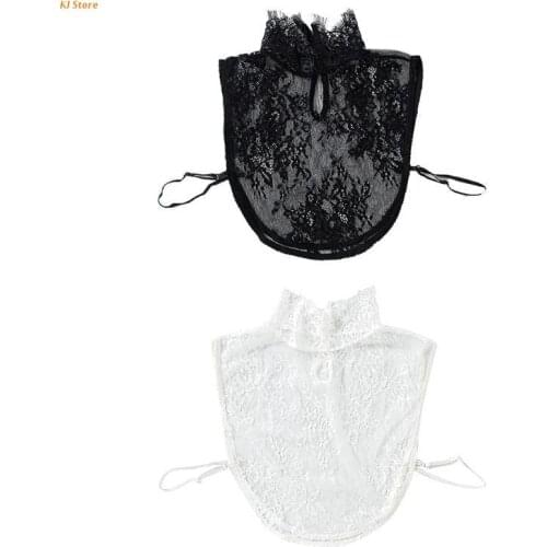 Ladies Black White Fake Collar Sheer Hollow Out Floral Lace High Neck Ruffles Detachable Pullover Half Shirt Crop Tops