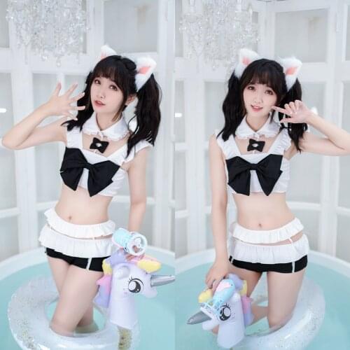 STOCK Amine Womens Swimsuit Fgo Saber Fate Cos Simple Black And White Cute Bow Split Swimsuit 2021 NEW