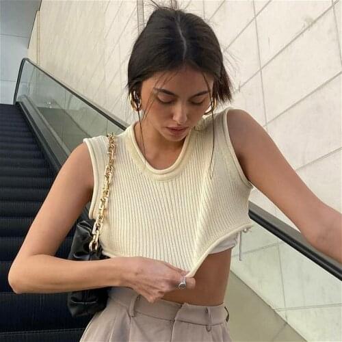 2021 New Women Solid Color Knit Vest Crop Tops Sleeveless Round Neck Tank Top Casual Loose Vintage Shirts Female