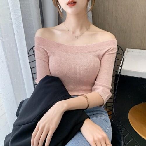The New Spring summerO-neck bright silk Short sleeve sweater womens pullover sweater Slim bottoming shirt Female t-shirt