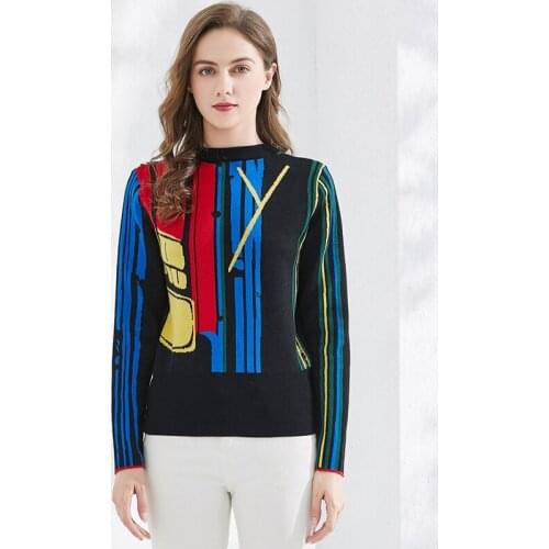 Runway Vintage Luxury Winter Women Slim Fashion Striped Print Jacquard Sweater O-neck Long Sleeve Christmas Pullover Sweater