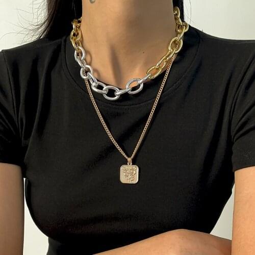 Retro Rose Pendant Necklace womens mixed color fashion portrait thick chain punk hip hop simple square Rose Pendant Necklace