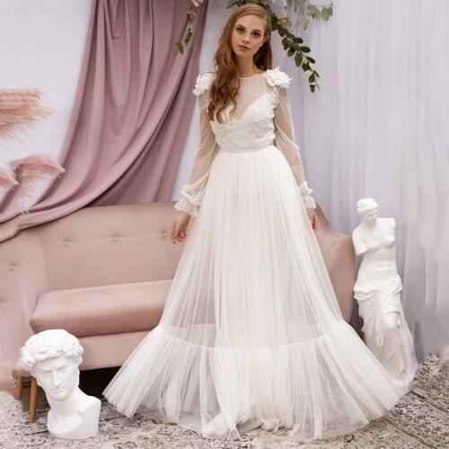 Sexy Scoop Appliques Lace Beads Flower Tulle A-Line Long Sleeve Backless Boho Wedding Dresses 2021 Bridal Gown Vestidos De Novia