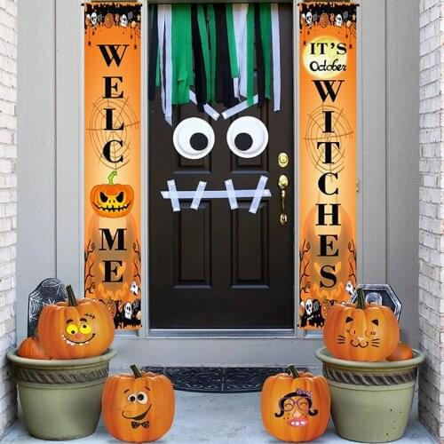 1pair 180x30cm Happy Halloween Outdoor Banner Bunting Hanging Decor Flag Halloween Sign For Festival Party Decoration Supplies