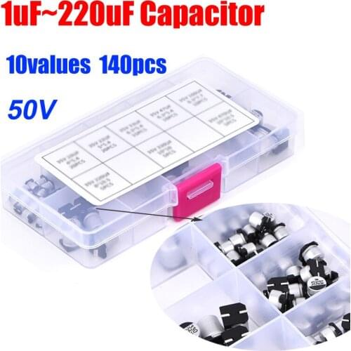 10values total 140pcs SMD 50V 1uf~220uf Aluminum Electrolytic Capacitor Assortment Pack Plastic Box Kit