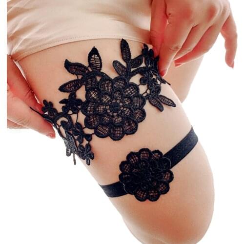 Kasure 2Pcs Wedding Garter Navy Blue Embroidery Flower Sexy Garters for Women/Female Bridal Thigh Ring Bridal Leg Garter