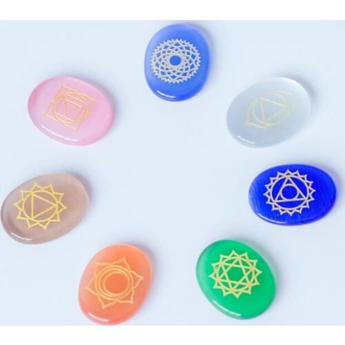 7 Pcs Oval Engraved Traditional Chakra Pattern Stone Crystal Reiki Healing Hand Play Stone