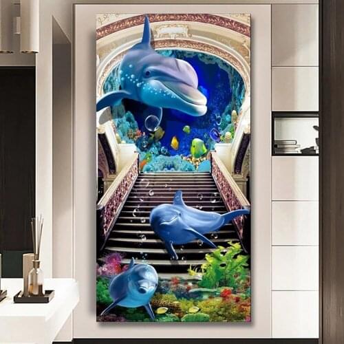 Large Diamond Painting 5D Full Square round Diamond Embroidery Mosaic Undersea Dolphins Coral Aisle entrance decoration X56