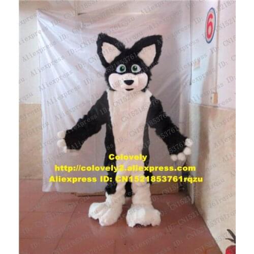 Black White Long Fur Furry Husky Dog Fox Wolf Mascot Costume Fursuit Adult Cartoon Musical Pantomime Conference Photo zz7673