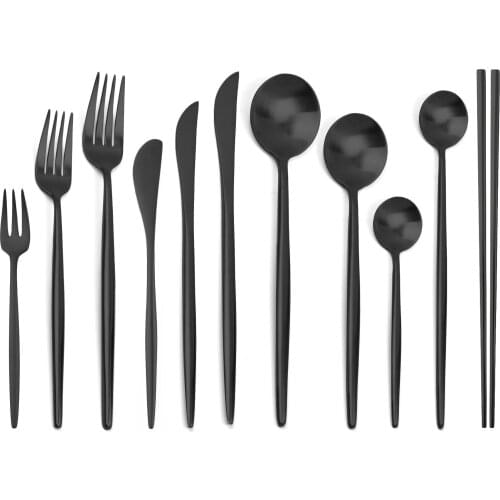 Black Dinnerware Set Matte 304 Stainless Steel Cutlery Set Knife Fork Spoon Chopsticks Flatware Set Tableware Set Silverware Set