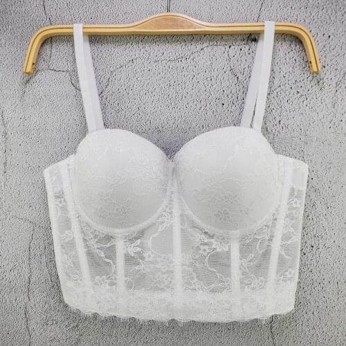 Cupnaya Summer Women Sexy Lace Gauze Crop Top Bustier Short Corset Bralette Camisole Removable Strap Tube Vest Solid Black White