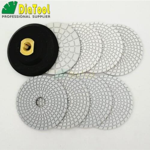 DIATOOL 8 pcs 4" Wet White resin bond Diamond sanding discs Polishing pads with a backer Rubber or Aluminum based Marble Granite