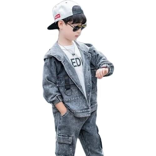 Spring & Autumn Denim Boy Sets New 2021 Korean Version Long Sleeve Handsome Hooded Cowboy Two-Piece Casual Childrens Clothing