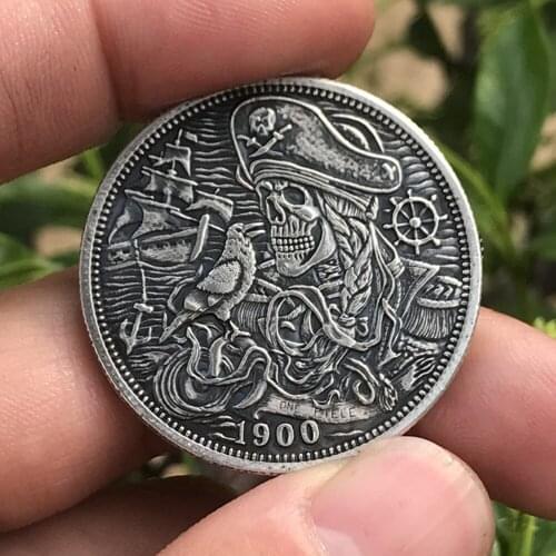 HOBO 1900 Skull Zombie Skeleton Pirate Metal Badge Hand Carved Morgan Commemorative Coin Necklace