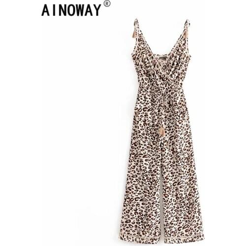 Vintage chic women leopard print sleeveless strap Rompers Boho Bodysuits ladies rayon cotton bohemian Jumpsuit