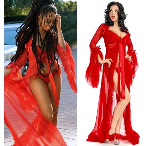 Red Women Sleepwear Lingerie Lace Ruffles Long Robe Bow Bathrobe Tulle Nightwear Babydoll Bridal Robe Gowns