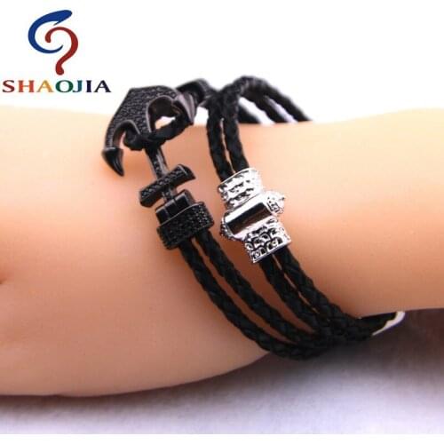 SHAOJIA Fashion men women Micro-zircon Style Bracelet friendship Anchor Black Leather Chain Unisex Couple Bracelets for Female